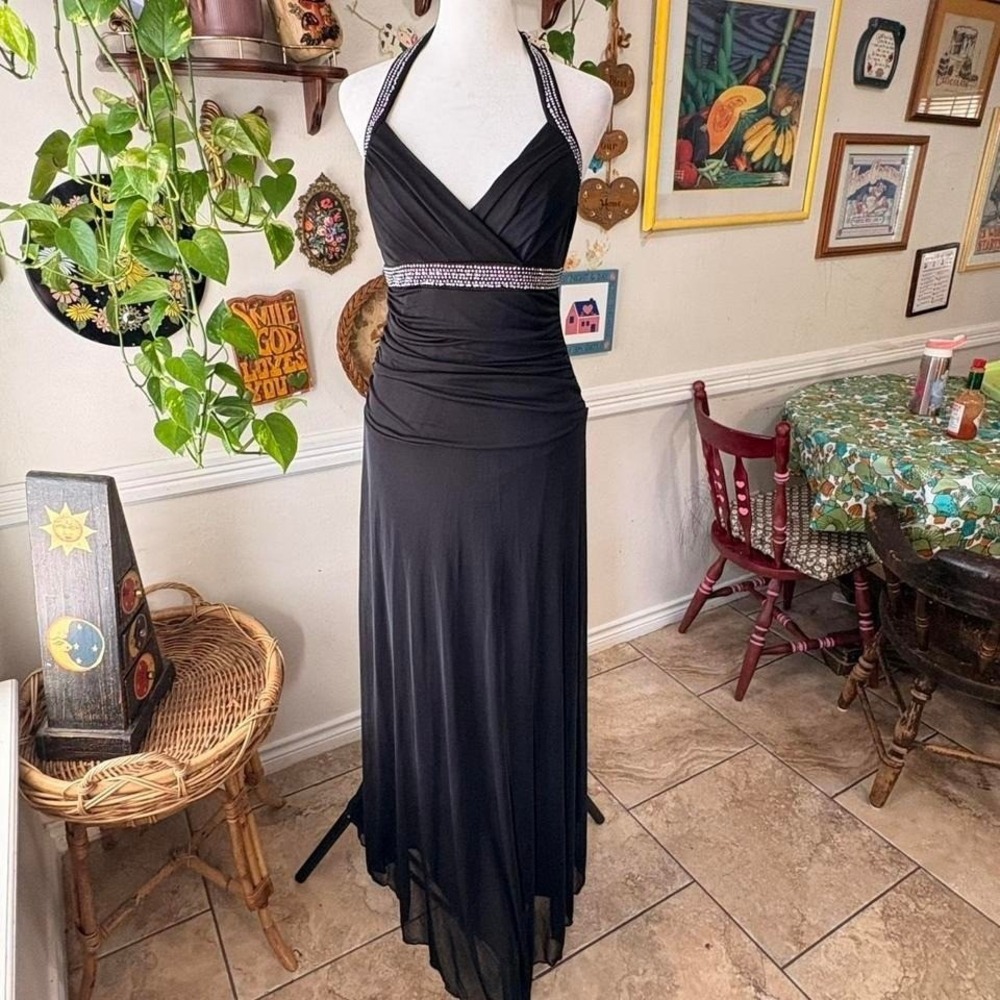 Vintage Y2K Trixxi Maxi Dress Black Halter Embellished Empire‎ Waist Ruched Sz M